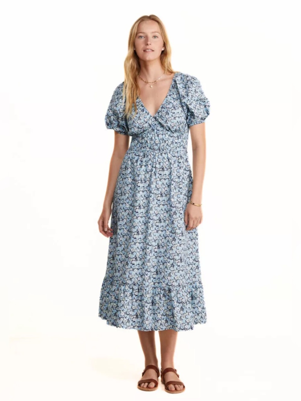 Vineyard Vines Marina Puff Sleeve Stretch Cotton Poplin Dress (XL) Blue Floral